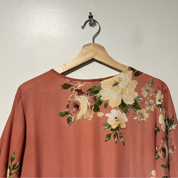 Twik Floral Wrap Dress Pink Rust Midi Size L - Picture 12 of 13